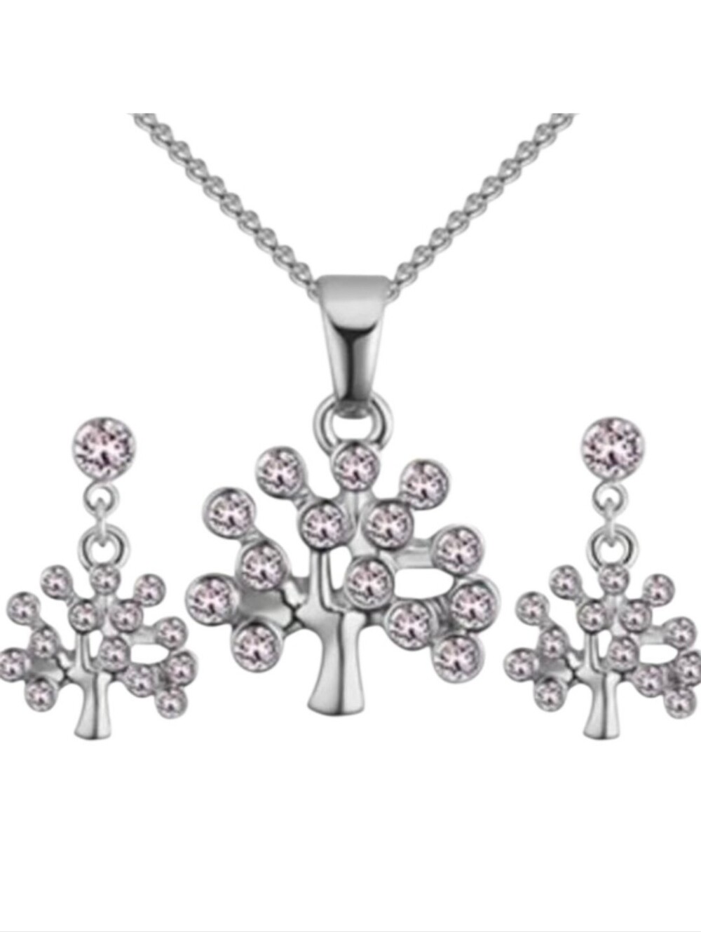 Silver Tone Crystal Lucky Tree Necklace Set
